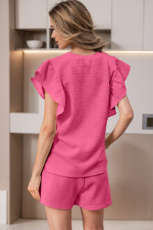 Textured Rimpel Mouw Shorts Set Stoffig Roze