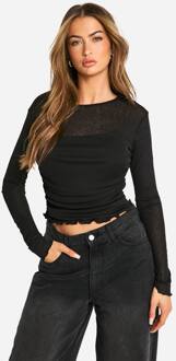 Textuurrijk Mesh Top Met Geraffelde Voorkant En Lange Mouwen, Black - 44