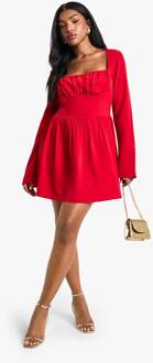 Textuurrijk Milkmaid Mini Jurk Met Lange Mouwen, Red - 36