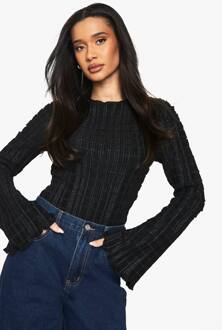 Textuurrijke Lange Mouwen One Piece Met Uitlopende Mouwen, Black - 38