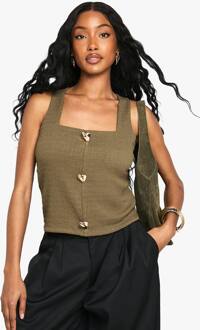 Textuurstof Top Met Vierkante Hals En Knoopdetail, Khaki - 38