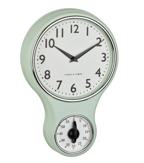TFA Keuken wandklok - retro design met timer/kookwekker - mintgroen - H30 cm - kunststof