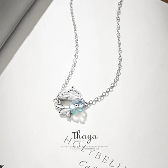 Thaya Real 925 Silver Designer Sterling Silver Blue Flower Crystal Carving Pendant Necklace For Women Luxury Fine Jewelry