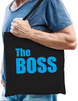 The boss tas / shopper zwart katoen met blauwe tekst voor heren - Feest Boodschappentassen