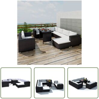 The Living Store-10-delige-Loungeset-met-kussens-poly-rattan-zwart - Tuinset