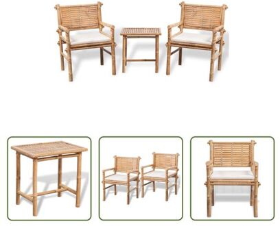 The Living Store-3-delige-Bistroset-met-kussens-bamboe - Tuinset Bruin