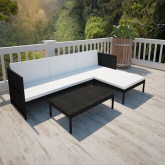 The Living Store-3-delige-Loungeset-met-kussens-poly-rattan-zwart - Tuinset