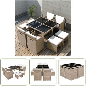 The Living Store-9-delige-Tuinset-met-kussens-poly-rattan-beige - Tuinset