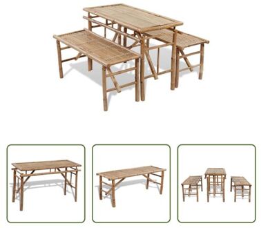 The Living Store-Biertafel-met-2-bankjes-100-cm-bamboe - Tuinset Bruin