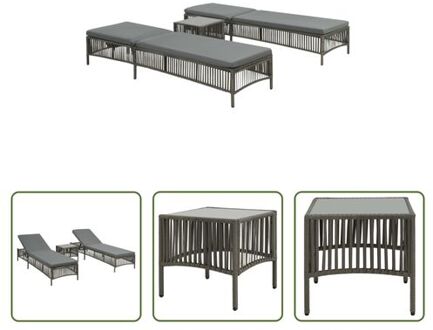 The Living Store-Ligbedden-2-st-met-tafel-poly-rattan-grijs - Ligbed