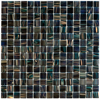 The Mosaic Factory Tegelsample: The Mosaic Factory Amsterdam vierkante glasmozaïek tegels 32x32 donkerblauw met gouden accenten