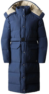 The North Face Blauwe gewatteerde lange jas met afneembare capuchon The North Face , Blue , Dames