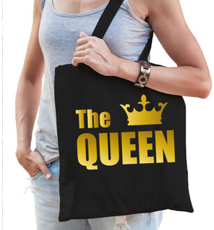 The queen tas / shopper zwart katoen met gouden tekst en kroon voor dames - Feest Boodschappentassen