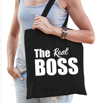 The real boss tas / shopper zwart katoen met witte tekst voor dames - Feest Boodschappentassen