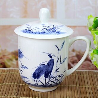 Thee Cup Jingdezhen Echte Bone China 380Ml Huishoudelijke Water Cup Keramische Blauw En Wit Porselein Conferentie Cup Met Cover groen