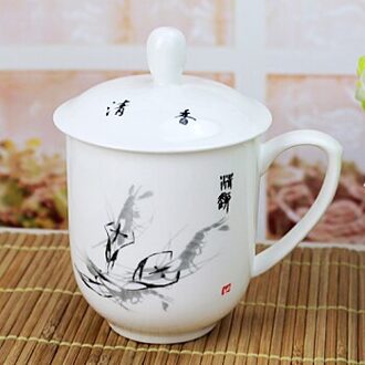 Thee Cup Jingdezhen Echte Bone China 380Ml Huishoudelijke Water Cup Keramische Blauw En Wit Porselein Conferentie Cup Met Cover licht grijs