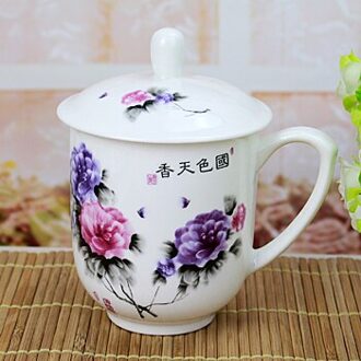 Thee Cup Jingdezhen Echte Bone China 380Ml Huishoudelijke Water Cup Keramische Blauw En Wit Porselein Conferentie Cup Met Cover paars