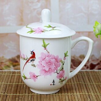 Thee Cup Jingdezhen Echte Bone China 380Ml Huishoudelijke Water Cup Keramische Blauw En Wit Porselein Conferentie Cup Met Cover rood