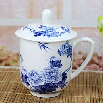 Thee Cup Jingdezhen Echte Bone China 380Ml Huishoudelijke Water Cup Keramische Blauw En Wit Porselein Conferentie Cup Met Cover