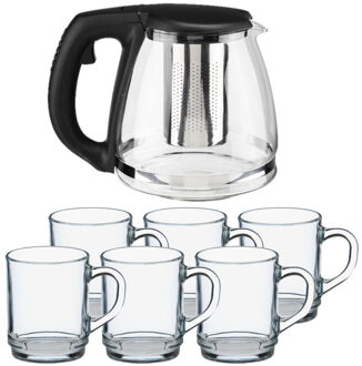 Thee drink set - Glazen theepot met infuser - 1,2 liter - met 6x stuks theeglazen - van 260 ml