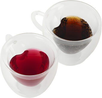 Thee/Koffie glas - 2x - 240 ml - transparant - dubbelwandig - 10 x 10 cm - hartvormig