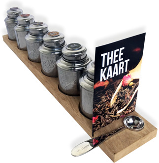 Theeblikken met reliëf (6 stuks) op plank
