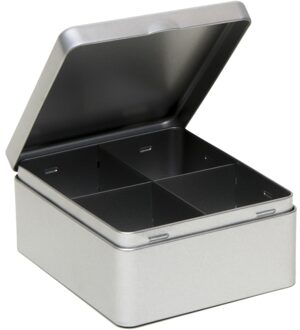 Theedoos - 4-vaks - metaal - 15x13x7 cm - theekist - zilverkleurig