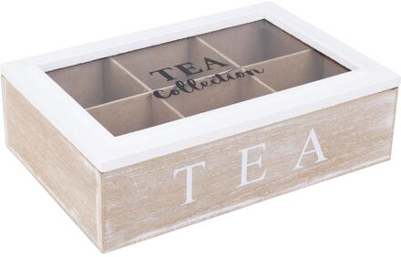 Theedoos - 6-vaks - naturel/wit - hout - 24 x 16 x 7 cm - theekist - Theedozen
