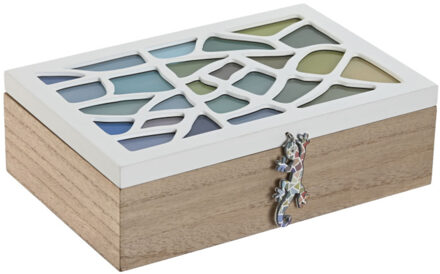 Theedoos - 6-vaks - wit - hout - 24 x 16 x 8 cm- theezakjes - hagedis