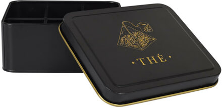 Theedoos 6-vaks - zwart - metaal - 18 x 15 x 7 cm - theekist - met deksel