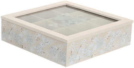 Theedoos - 9-vaks - beige - hout - 24 x 24 x 7 cm - doorzichtig