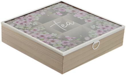 Theedoos - 9-vaks - bruin / roze - hout - 24 x 24 x 7 cm - doorzichtig