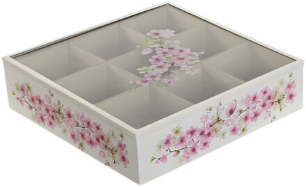 Theedoos - 9-vaks - wit / roze - hout - 24 x 24 x 7 cm - doorzichtig