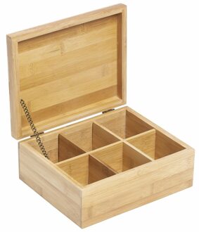 Theedoos - bamboe hout - 6-vaks - 22 x 18 x 9 cm - theekist Bruin