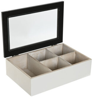 Theedoos Fusion - 6-vaks - wit / zwart - hout - 23 x 15 x 7 cm - doorzichtige deksel - theezakjes op
