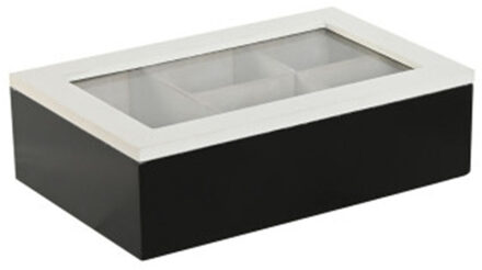 Theedoos Fusion - 6-vaks - zwart / wit - hout - 23 x 15 x 7 cm - doorzichtige deksel - theezakjes op