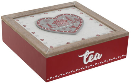 Theedoos hart - 9-vaks - rood - hout - 24 x 24 x 8 cm - theezakjes - winter