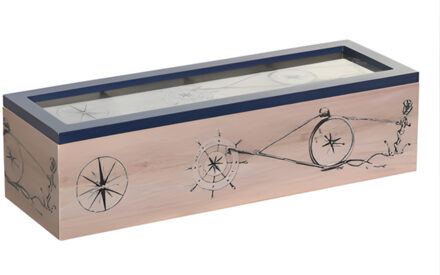 Theedoos maritiem - 4-vaks - blauw / bruin - hout - 30 x 9 x 8 cm