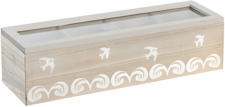 Theedoos maritiem - 4-vaks - wit / bruin - hout - 30 x 9 x 8 cm