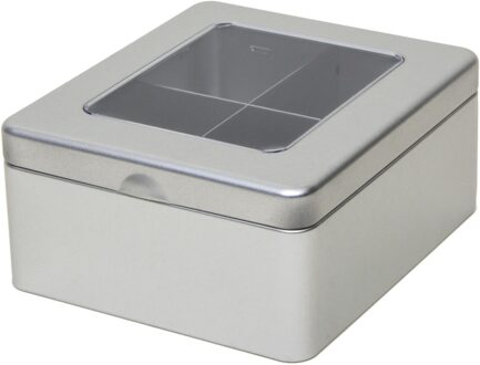 Theedoos - zilverkleurig - 4-vaks - metaal - 15 x 13 x 7 cm - Theezakjes houder bewaarblik