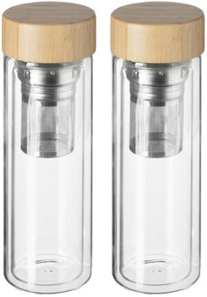 Theefles - 2x - dubbelwandig - glas/bamboe - 40 cl - infusiefles/theepot
