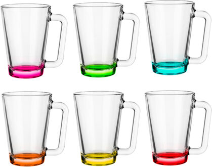 Theeglazen/koffie glazen met gekleurde basis - transparant glas - 6x stuks - 300 ml