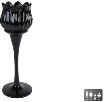 Theelichthouder Tulp zwart glas 7x7x22cm