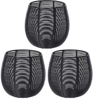 Theelichthouder/waxinelichthouder van metaal draad - 3x - zwart - D10 cm - Kaarsenhouder