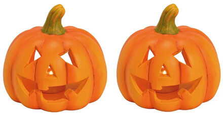 Theelichthouder / windlicht pompoen - Set van 3x stuks - 13 x 12 cm - Halloween - oranje - polystone