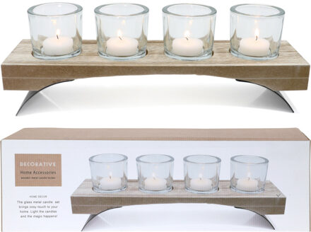 Theelichthouders - 5x - glas - houten standaard - 34,5 cm - tafeldecoratie