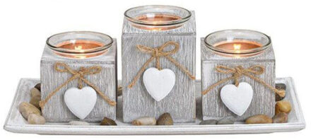 Theelichthouders cadeauset - landelijk - hout - grijs - 28 x 13 x 10 cm