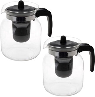 Theepot met filter - 2x stuks - 1,5 liter - zwart - filter - glas - D16 x H17 cm