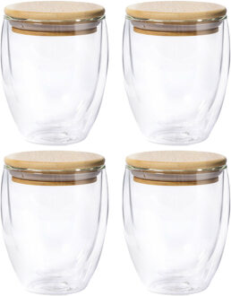 Thermische koffieglazen/theeglazen dubbelwandig - 4x - met bamboe deksel - 250 ml - Koffie- en theeglazen Transparant