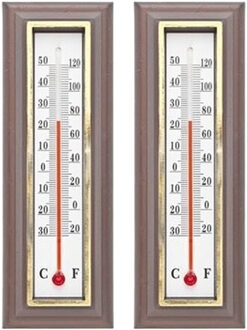 Thermometer - 2x - donkerbruin - 5 x 16 cm - binnen en buiten - celcius/fahrenheit